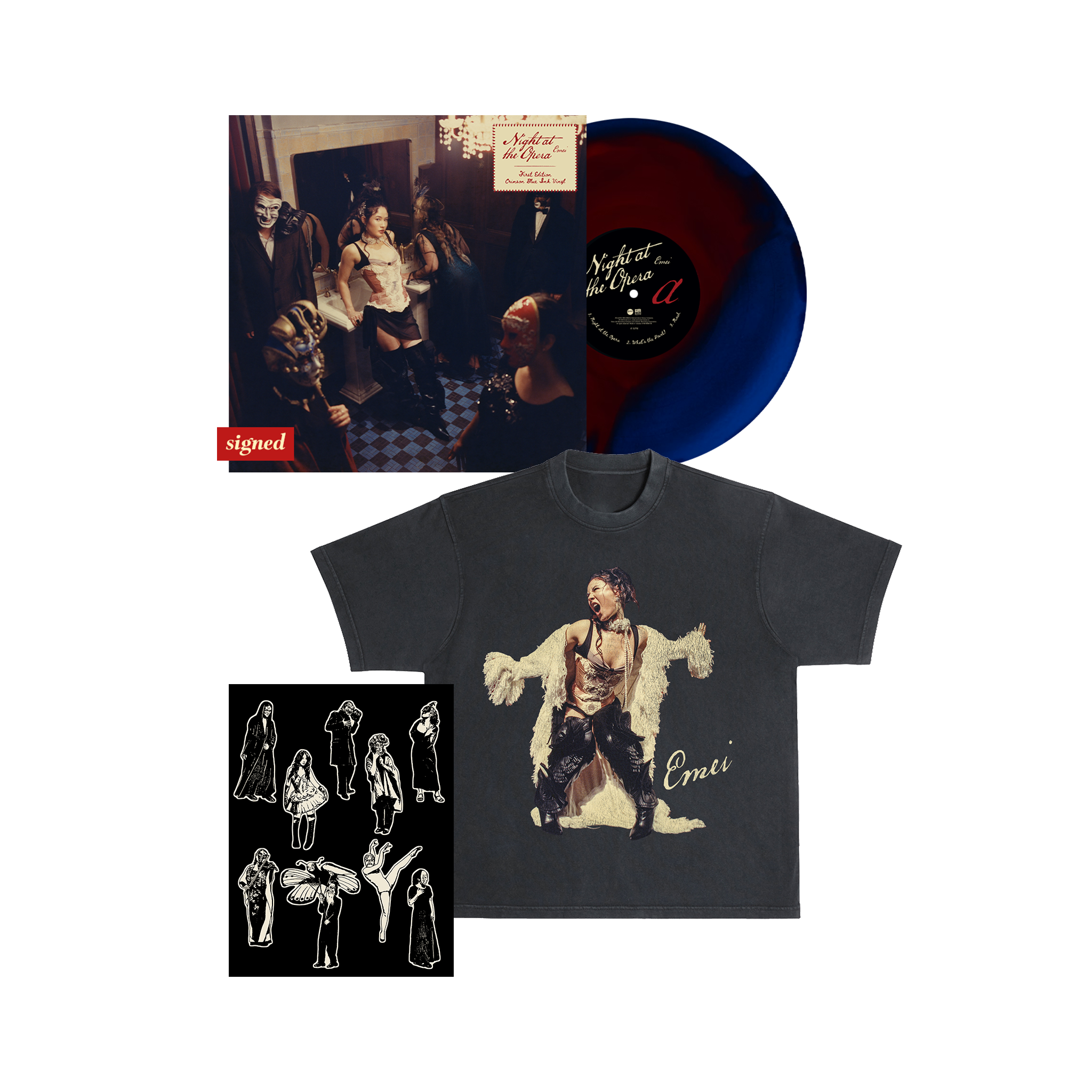 Night at the Opera Signed Crimson Blue Ink Vinyl and Tee Bundle