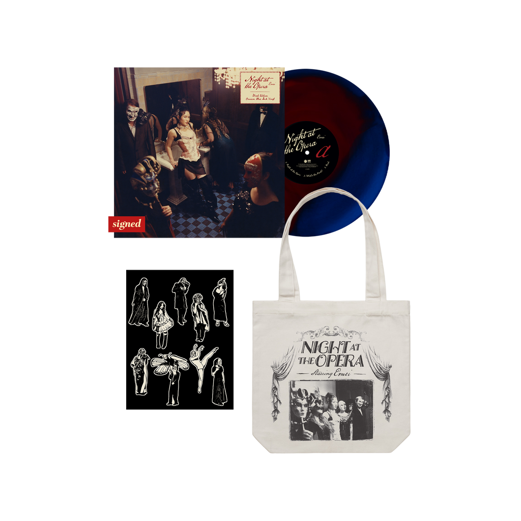 Night at the Opera Signed Crimson Blue Ink Vinyl and Opera Tote Bundle