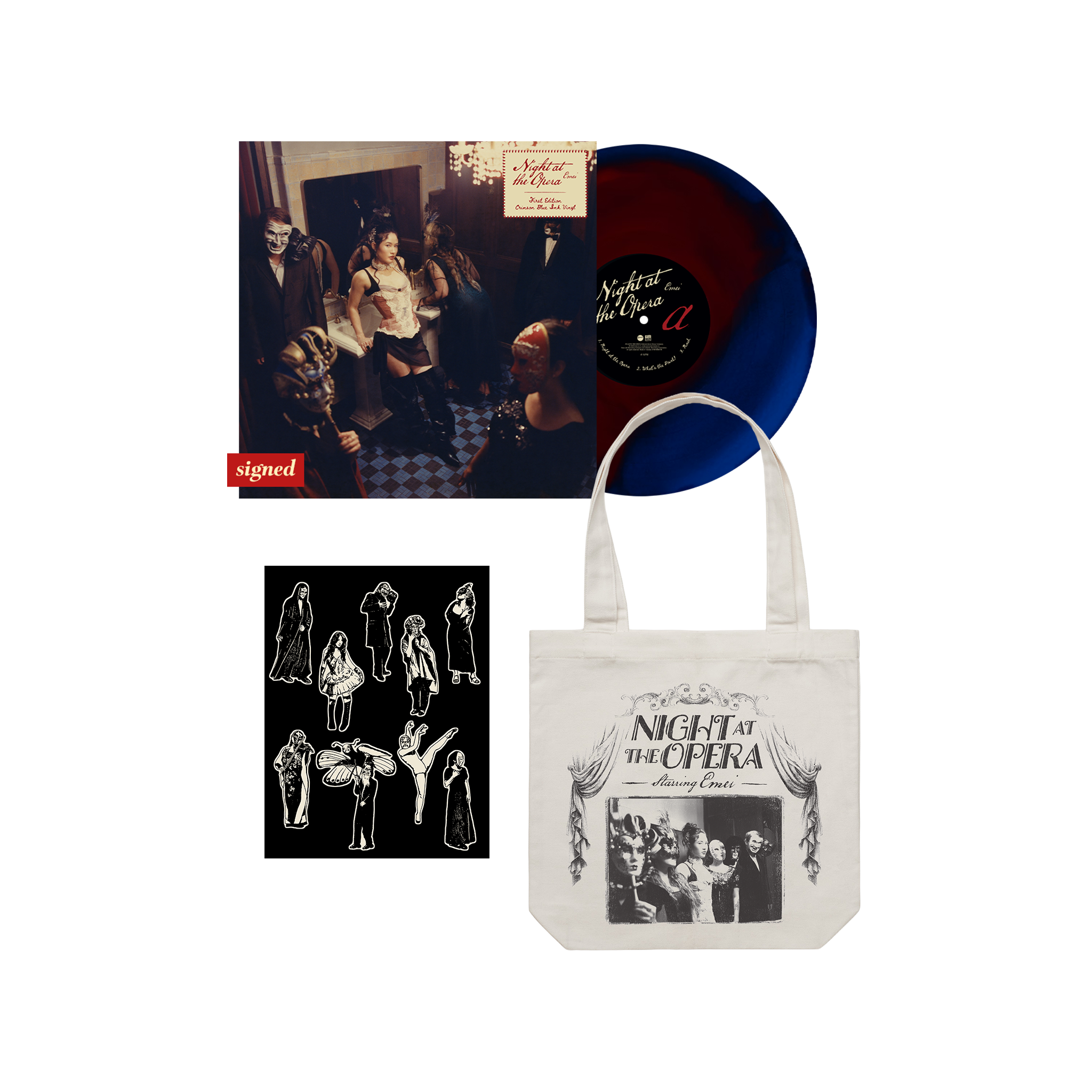 Night at the Opera Signed Crimson Blue Ink Vinyl and Opera Tote Bundle